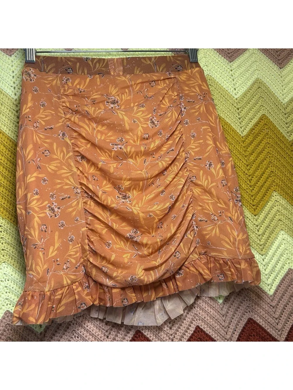 FREE PEOPLE Romi Mesh Skirt Orange Surplus Ruffle Hem Pull On Skirt Size Large